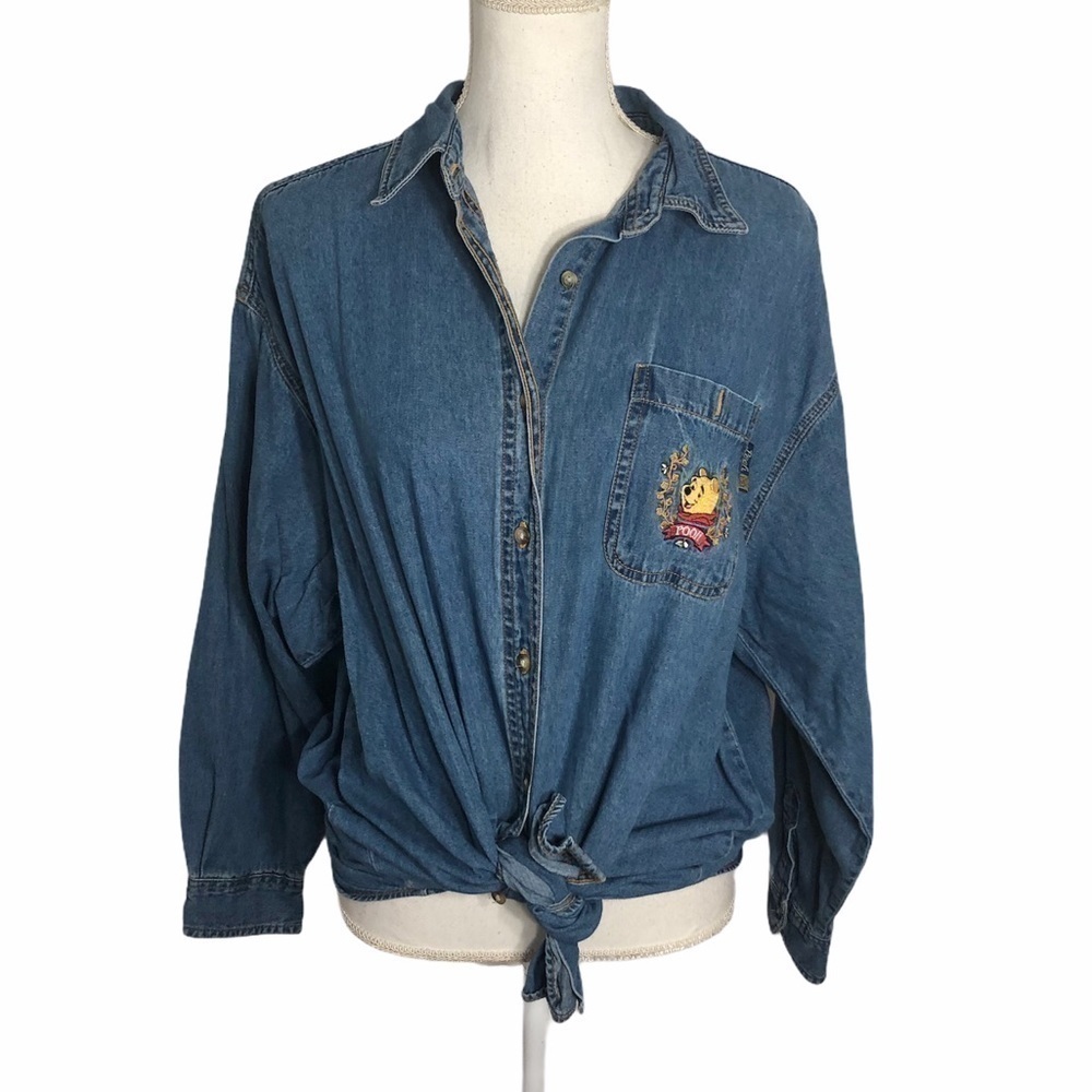 Vintage Pooh Embroidered Denim Button Down Shirt Large Jean Winnie Disney